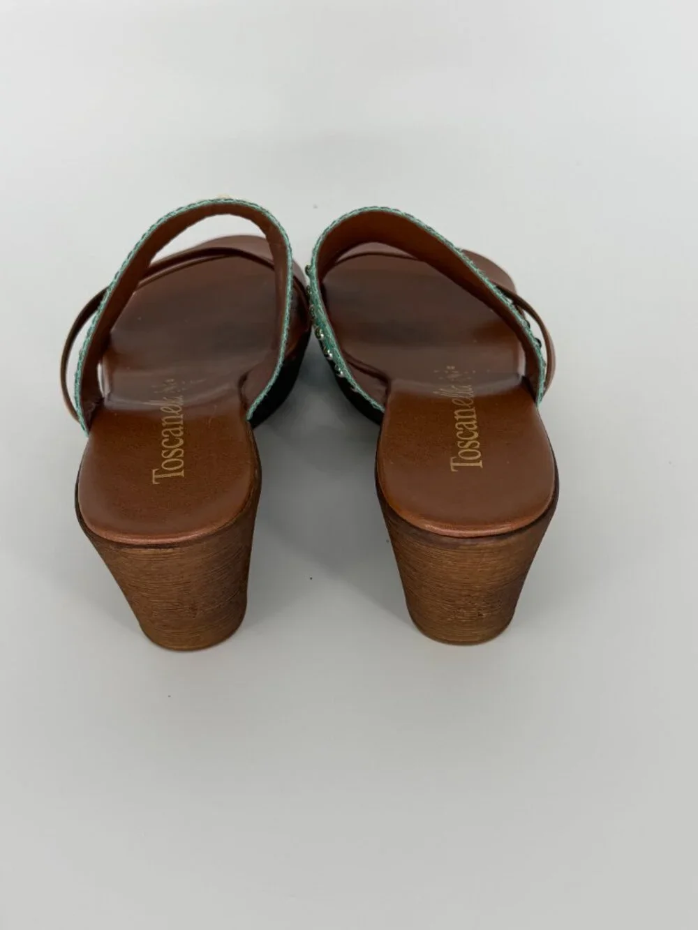 Toscanella Italian Leather Wedge Sandals - Teal Beaded Detail - Size 6 - Picture 4 of 6